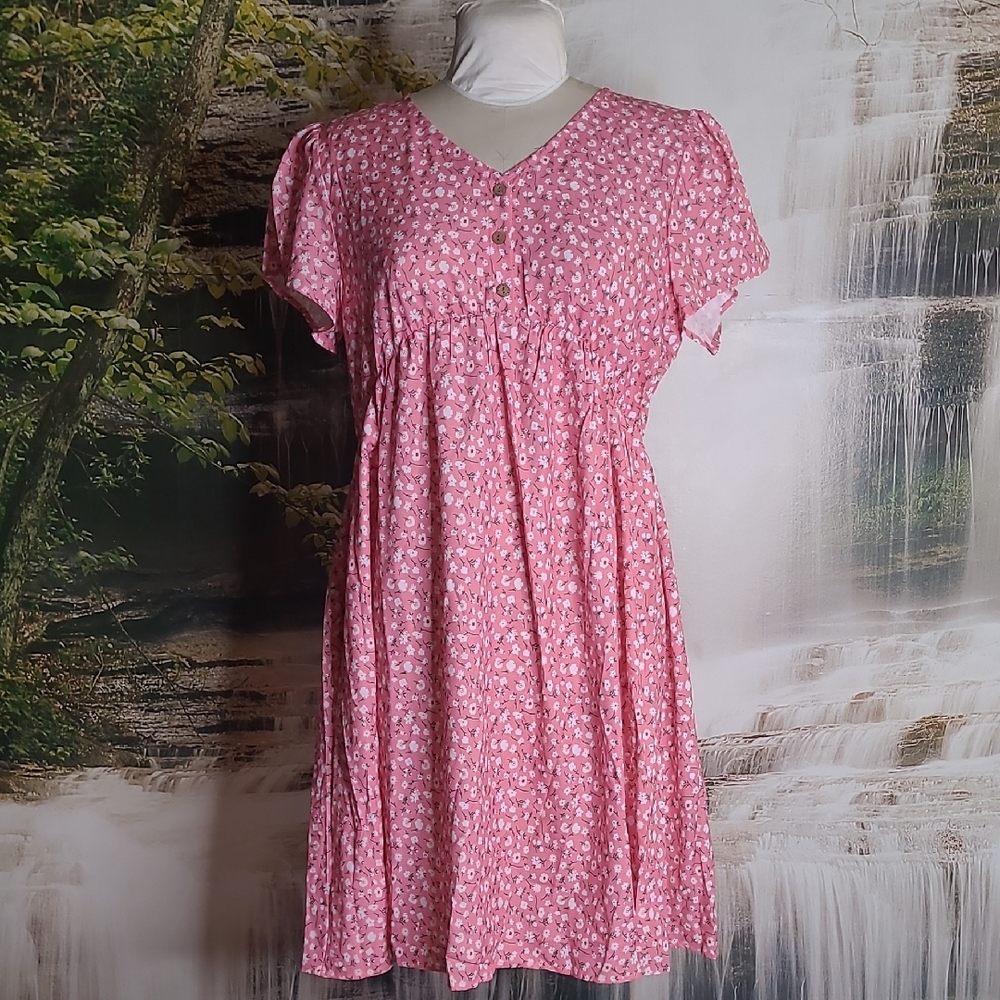 NWT! FunJuly Womens XL Pink White Floral Short Sleeve Flowy Dress